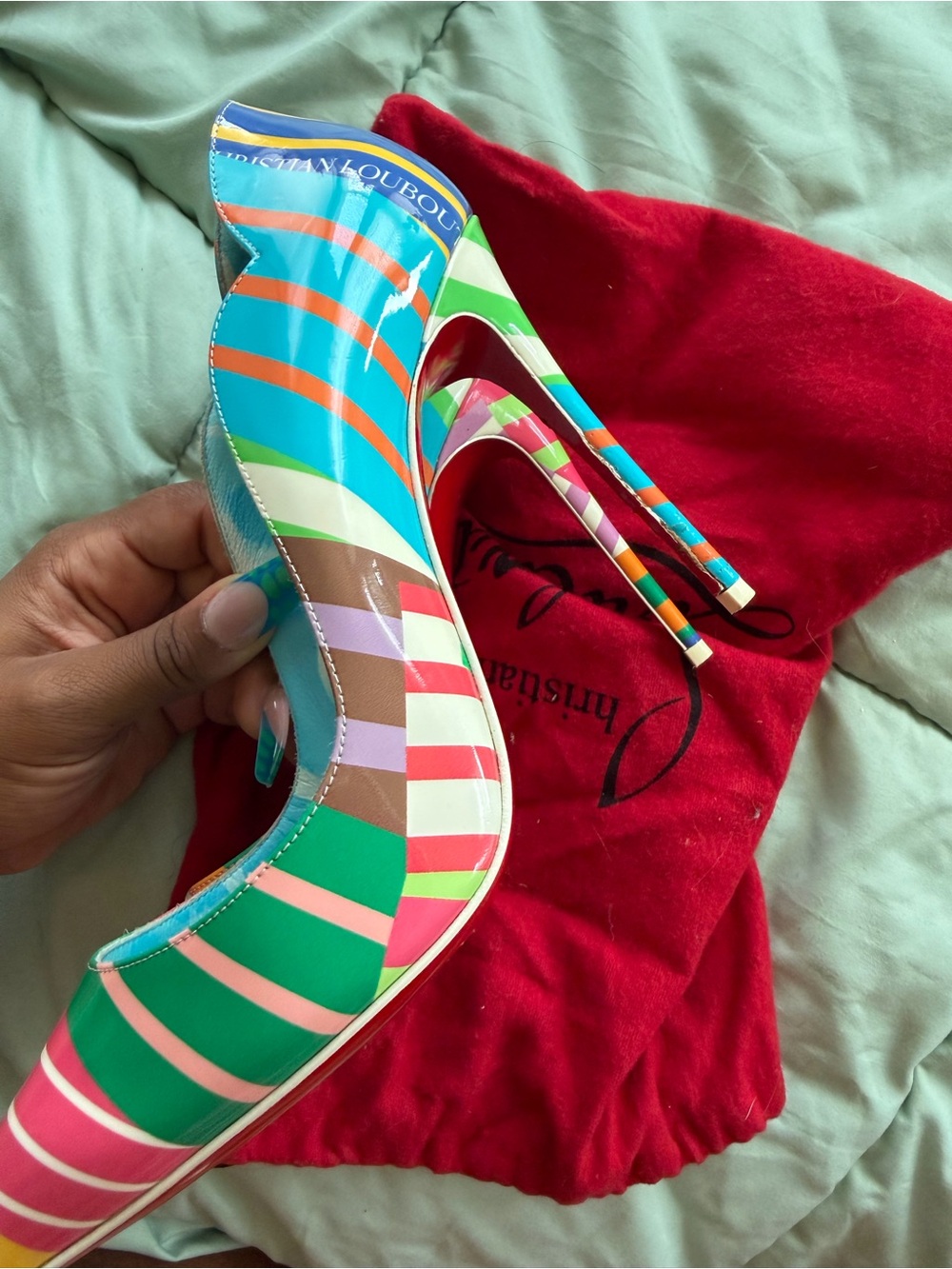 Christian Louboutin Neon Striped Pointed Toe Patent Pumps - Picture 4 of 4